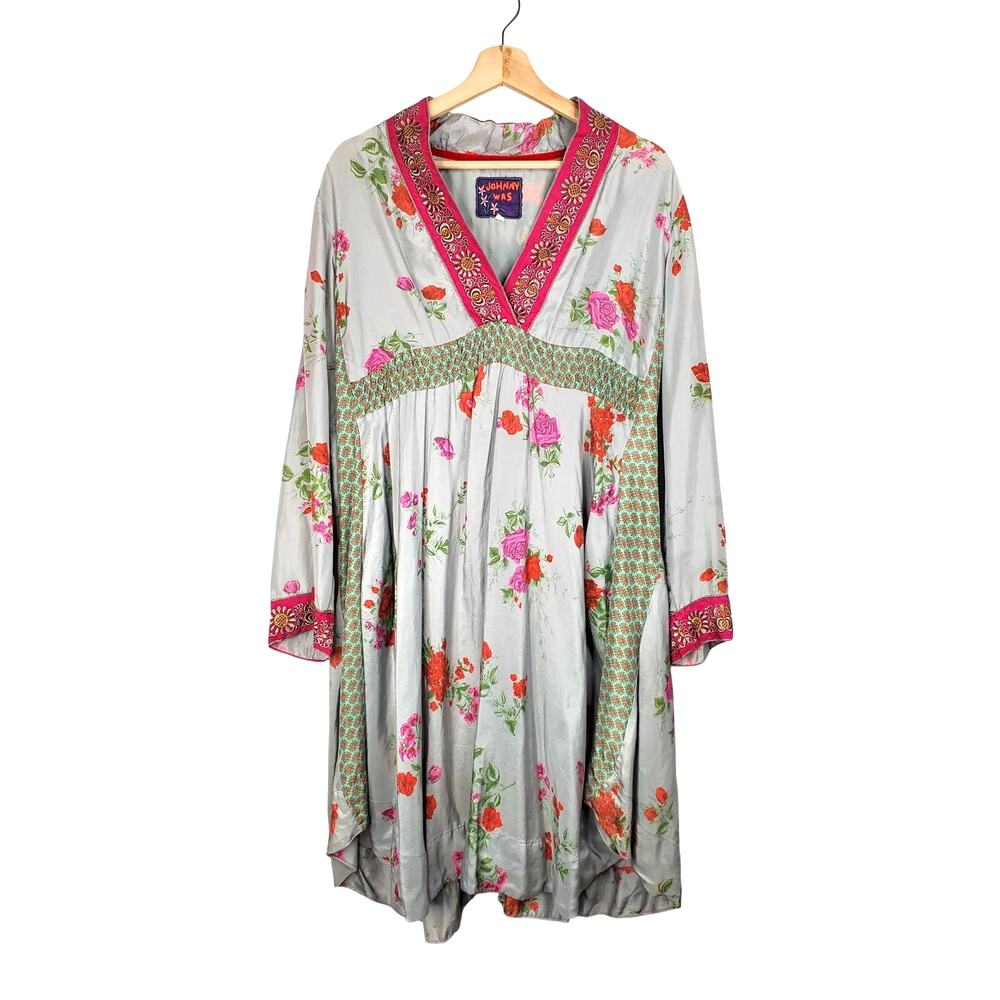 Johnny Was 100% Silk Tunic Dress Grey Pink Floral Embroidered Boho Size Medium